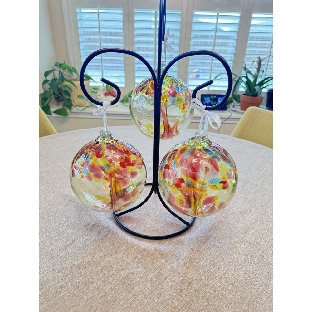 Hand‎ Blown 5.75" Set of 3 Glass Ribbon Orbs w/ Stand - Witch Tree of Life Style